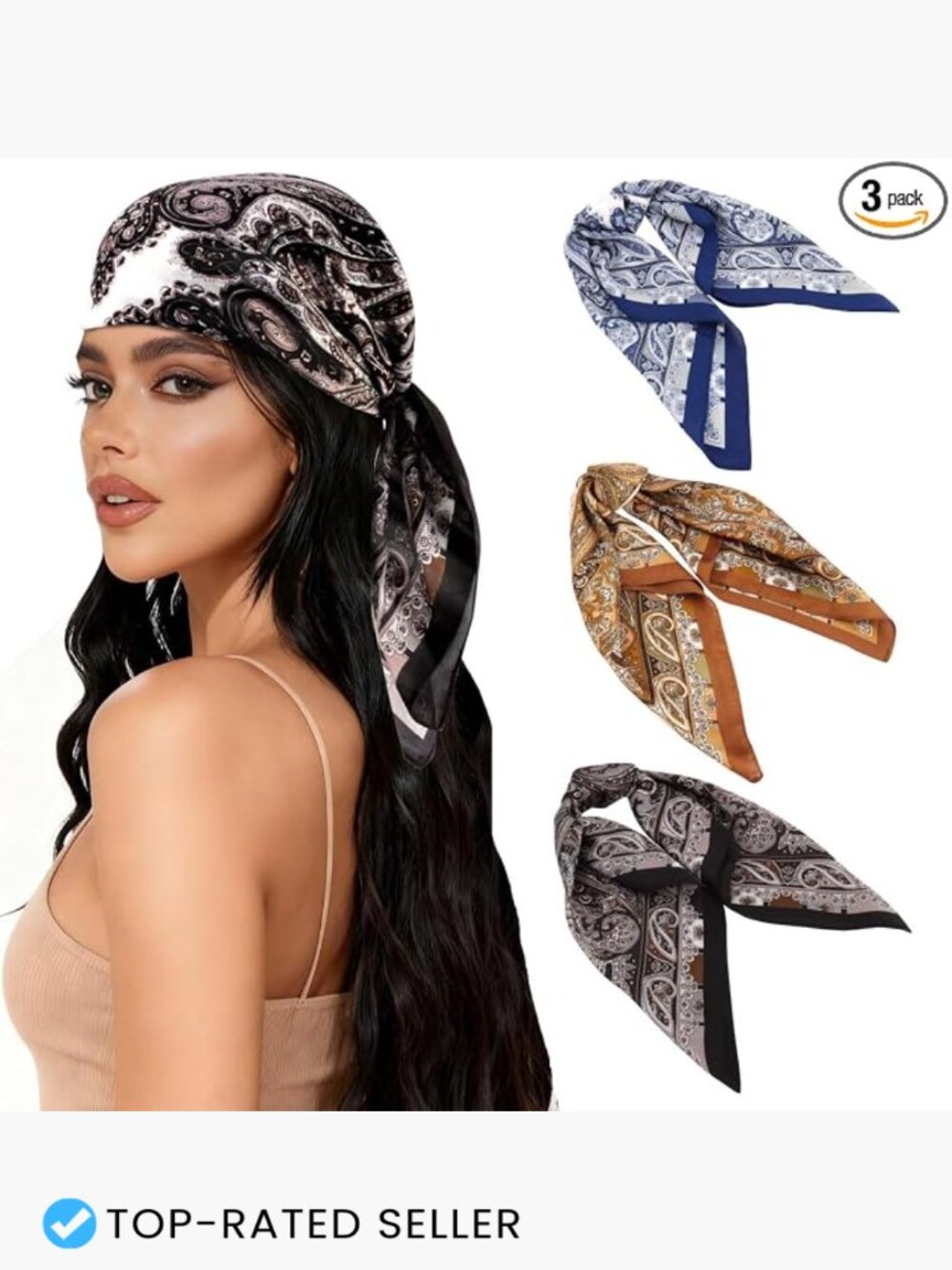 27.5" Square Satin Head Scarf 3 Pack Hair Wrap Bandanas for Women